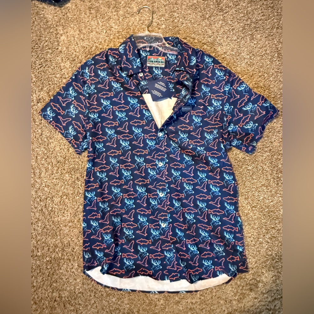 BURLEBO Blue and Red Patterned Casual Button Down Shirt